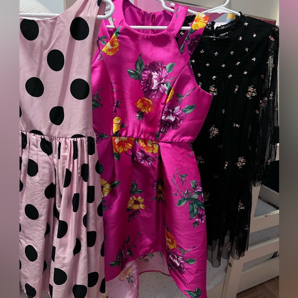 2 floral dresses and 1 polka dot dress sizes 7-8 girls